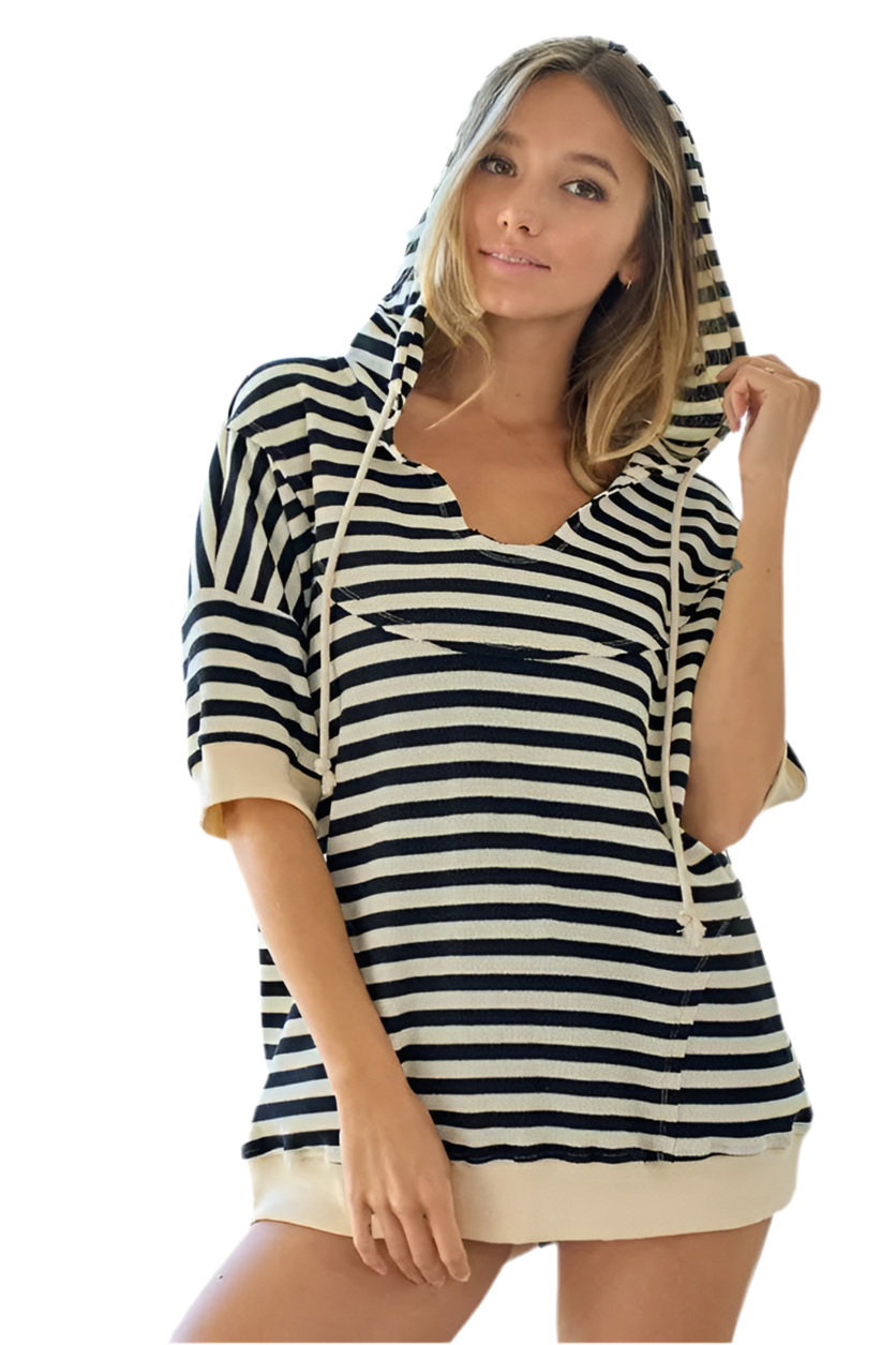 BiBi Stripe Fleece Notch Neck Short Sleeve Hoodie