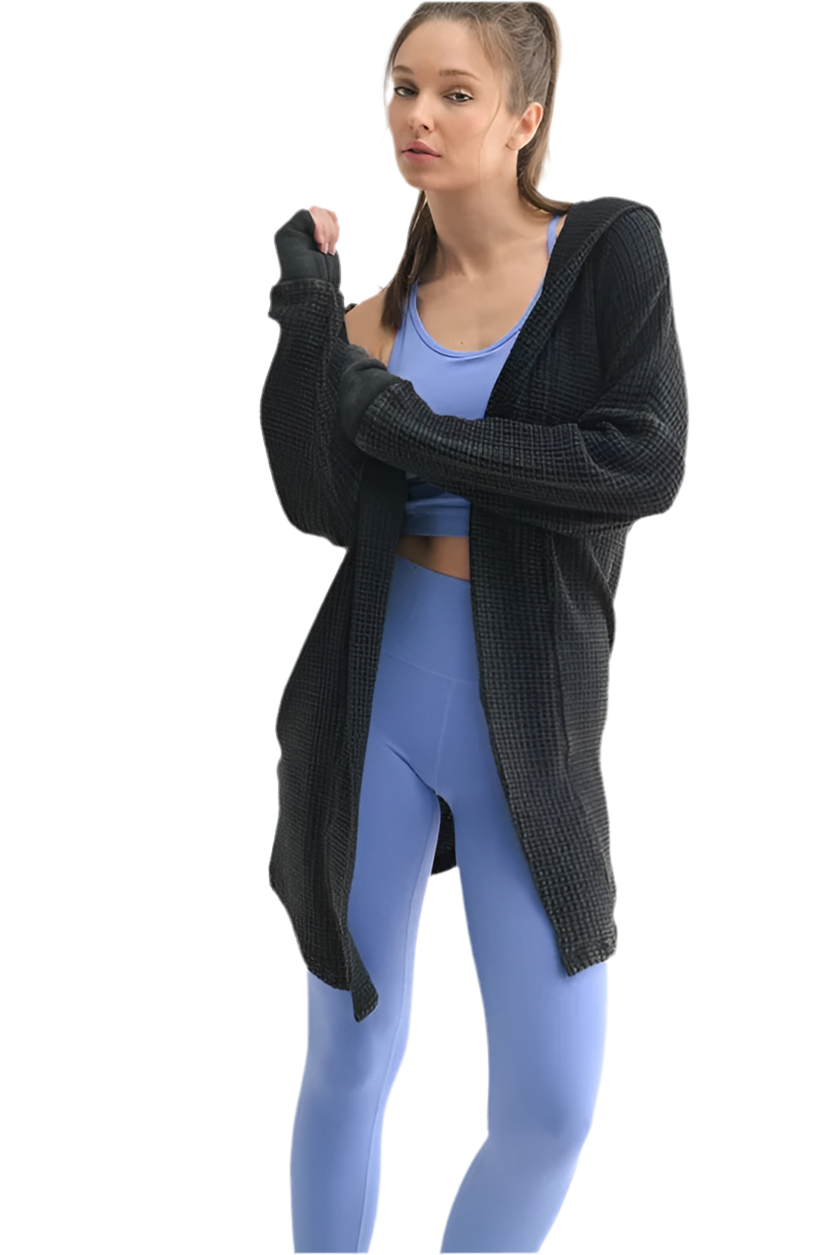 Chunky Waffle Mineral Wash Hooded Open Cardigan