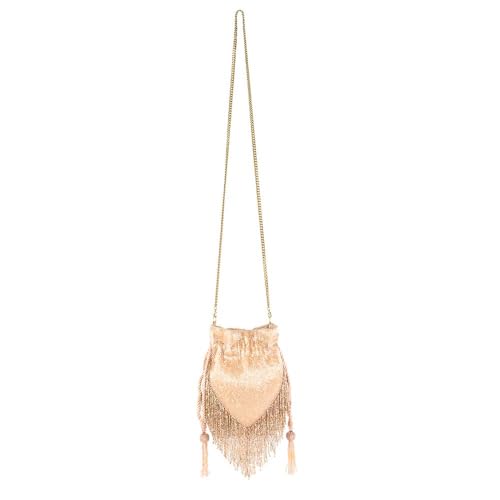 Mary Frances Boho Chic Beaded Drawstring Handbag with Fringe and Tassel Champagne Statement Evening Purse with Removable Strap, Pink