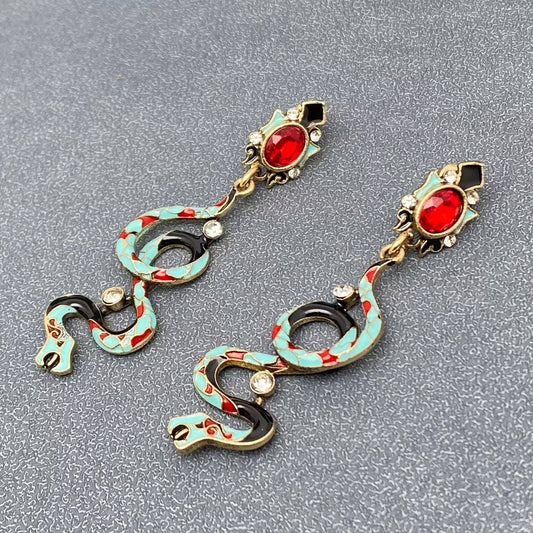 Vintage Colored Enamel Snake Dangle Earrings