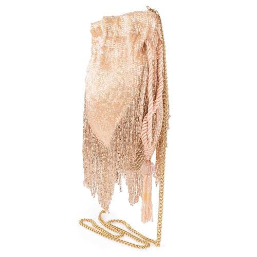 Mary Frances Boho Chic Beaded Drawstring Handbag with Fringe and Tassel Champagne Statement Evening Purse with Removable Strap, Pink