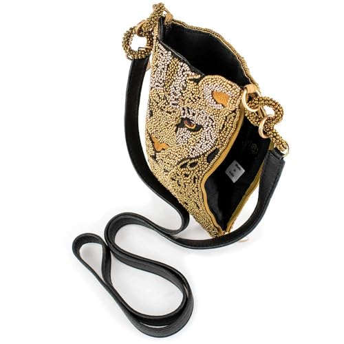 Mary Frances Gone Wild Beaded Leopard Crossbody Cell Phone Bag Clutch with Zipper Pocket and Leather Strap, Multicolor