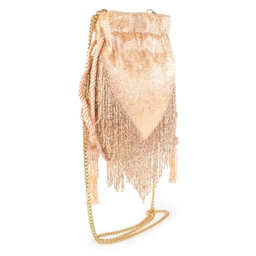 Mary Frances Boho Chic Beaded Drawstring Handbag with Fringe and Tassel Champagne Statement Evening Purse with Removable Strap, Pink