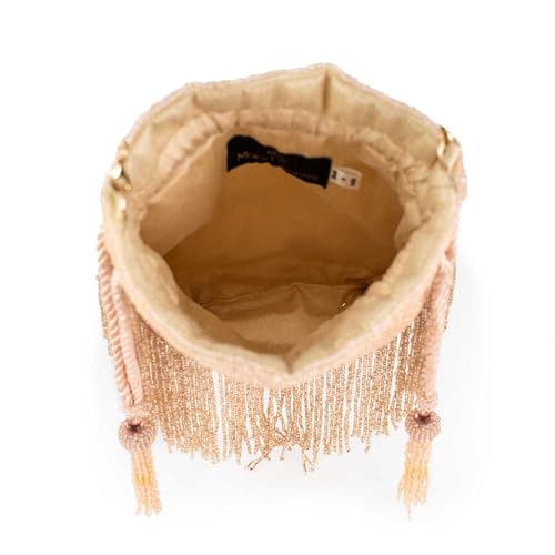 Mary Frances Boho Chic Beaded Drawstring Handbag with Fringe and Tassel Champagne Statement Evening Purse with Removable Strap, Pink