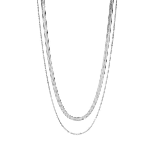18K Gold PVD Stainless Steel Herringbone and Snake Layered Chain Necklace