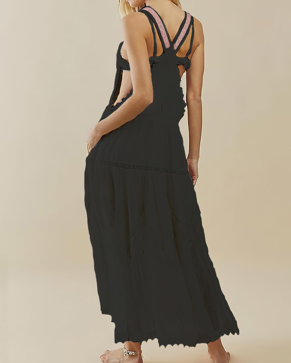 ebossy Women's Laced Embroidered Tulle Bib Dress Casual Loose Adjustable Straps Maxi Dress (M, Black)