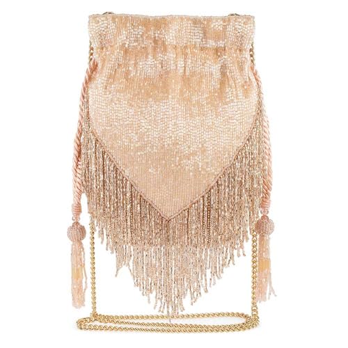 Mary Frances Boho Chic Beaded Drawstring Handbag with Fringe and Tassel Champagne Statement Evening Purse with Removable Strap, Pink