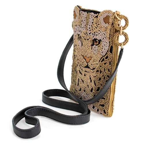 Mary Frances Gone Wild Beaded Leopard Crossbody Cell Phone Bag Clutch with Zipper Pocket and Leather Strap, Multicolor