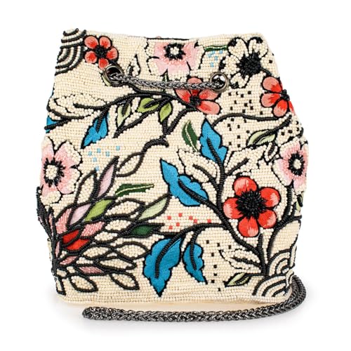 Mary Frances Flower Child Beaded Crossbody Bag Floral Embroidered Vegan Purse with Magnet Closure, Convertible Shoulder Strap, Multicolor