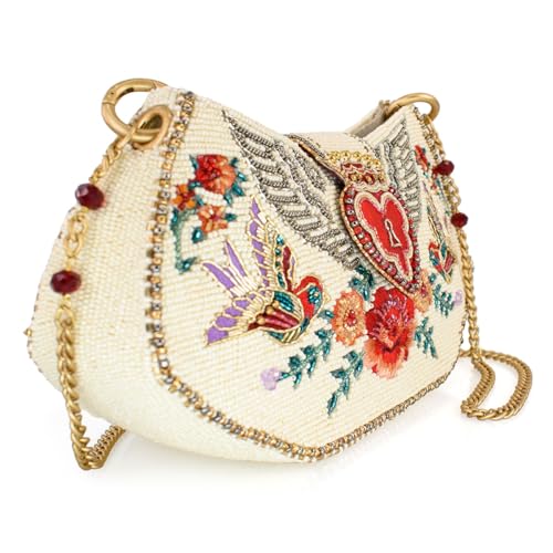 Mary Frances Keepsake Beaded Crossbody Handbag Clutch Heart & Bird-Themed Evening Purse, Multicolor