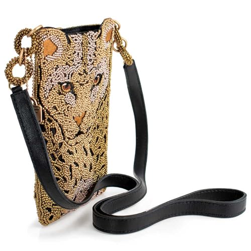 Mary Frances Gone Wild Beaded Leopard Crossbody Cell Phone Bag Clutch with Zipper Pocket and Leather Strap, Multicolor