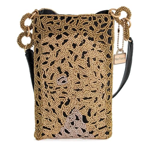 Mary Frances Gone Wild Beaded Leopard Crossbody Cell Phone Bag Clutch with Zipper Pocket and Leather Strap, Multicolor