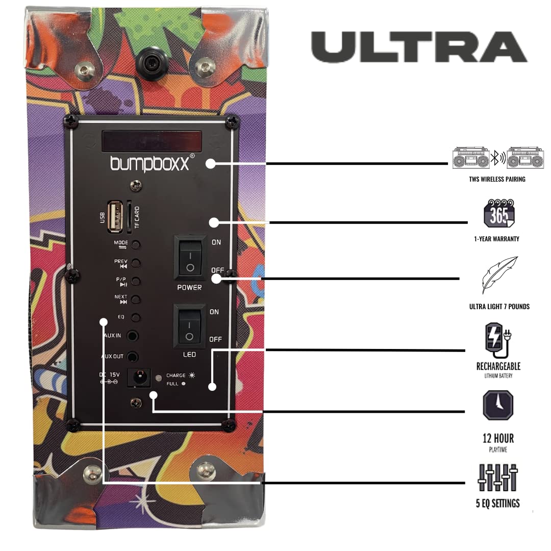 Bumpboxx Bluetooth Boombox Ultra Plus | Retro Boombox with Bluetooth Speaker | Includes Rechargeable Lithium Battery, Carrying Strap & Mic | Easy to Carry | NYC Graffiti
