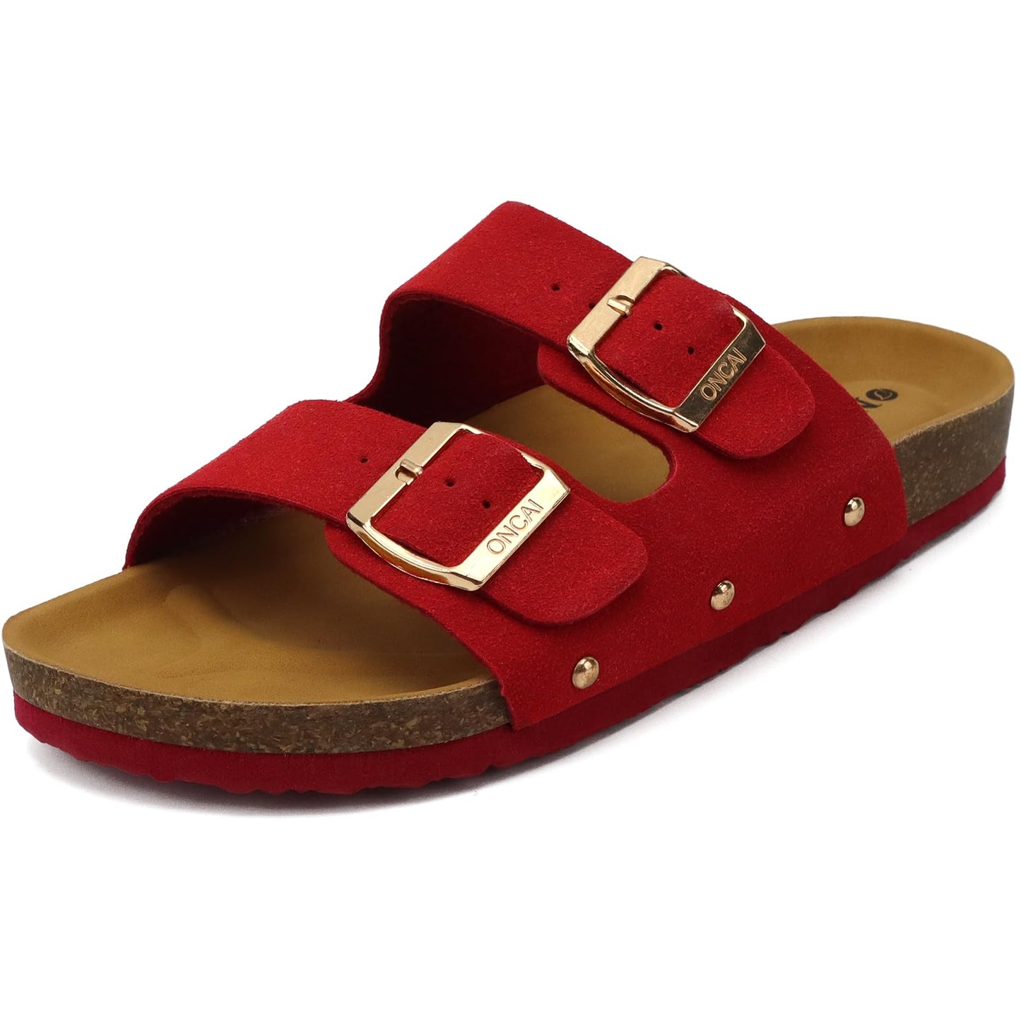 ONCAI Womens Comfortable Sandals Knock Off Clogs Sandals Women Dressy Summer Flat with Arch Support Two Strap Slip On Adjustable Buckle Slides Shoes for Women Red Size 7