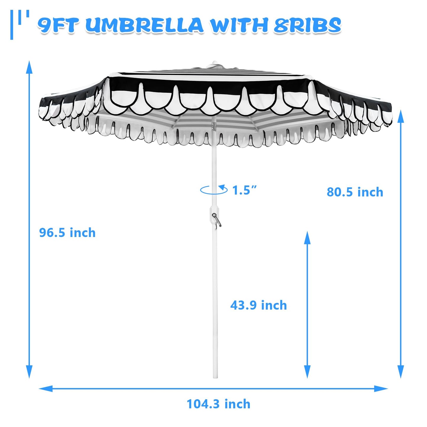 Funsite 9Ft Elegant Valance Patio Umbrella, Outdoor Umbrellas for Patio with Auto-Tilt and Crank Systerm, Table Umbrella for Outdoors, Poolside,Beach, Backyard, Black White Stripe