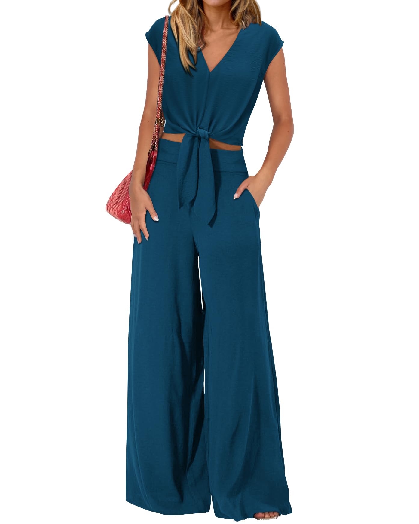 PRETTYGARDEN Two Piece Outfits For Women 2025 V Neck Cap Sleeve Strappy Crop Tops Loose Fit Wide Leg Pants Sets(Solid Teal,Medium)