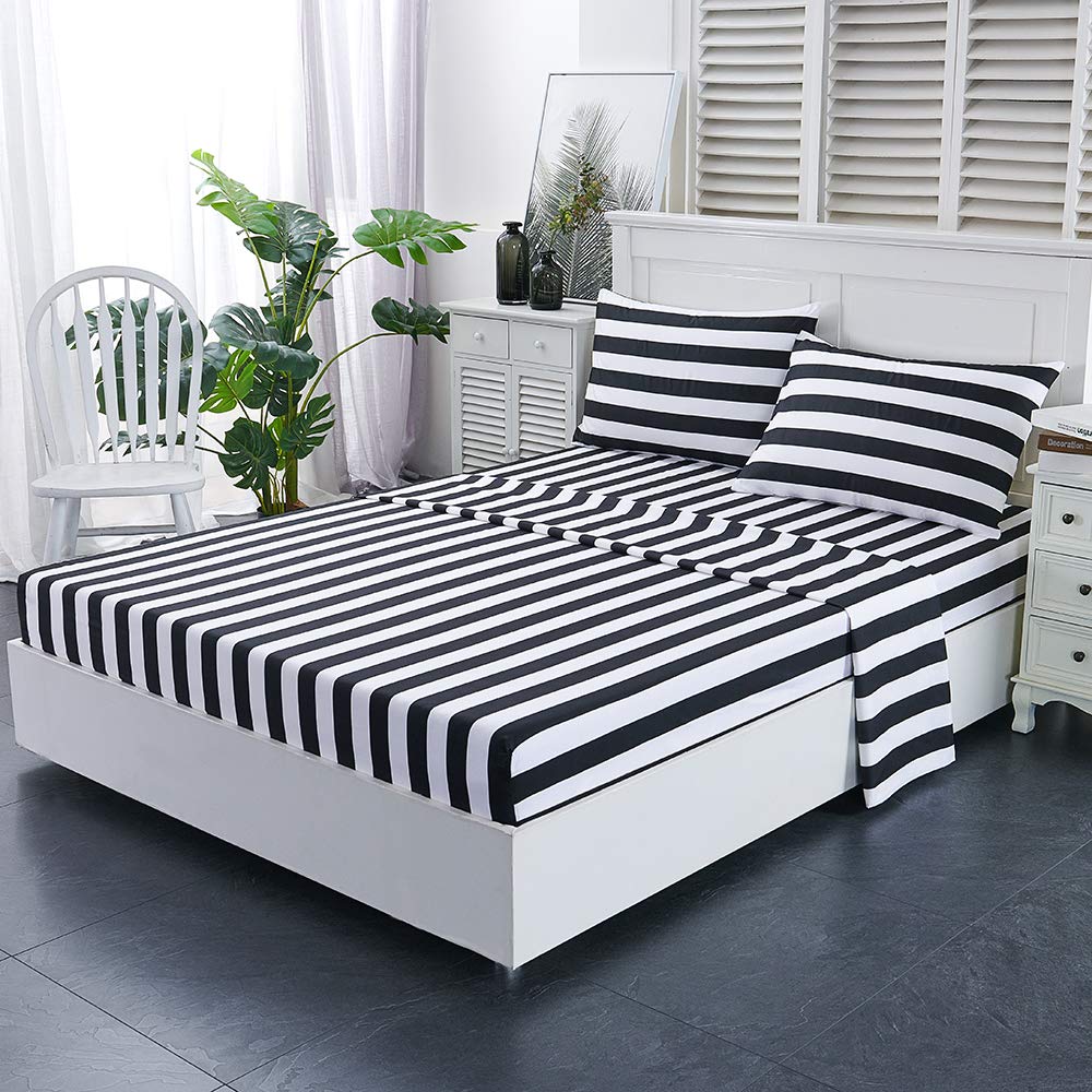 Best Season Queen Size Stripe Sheet Set-4 Piece Super Soft Microfiber Bedding-Deep Pocket, Stain, Fade & Wrinkle Resistant(Black&White)
