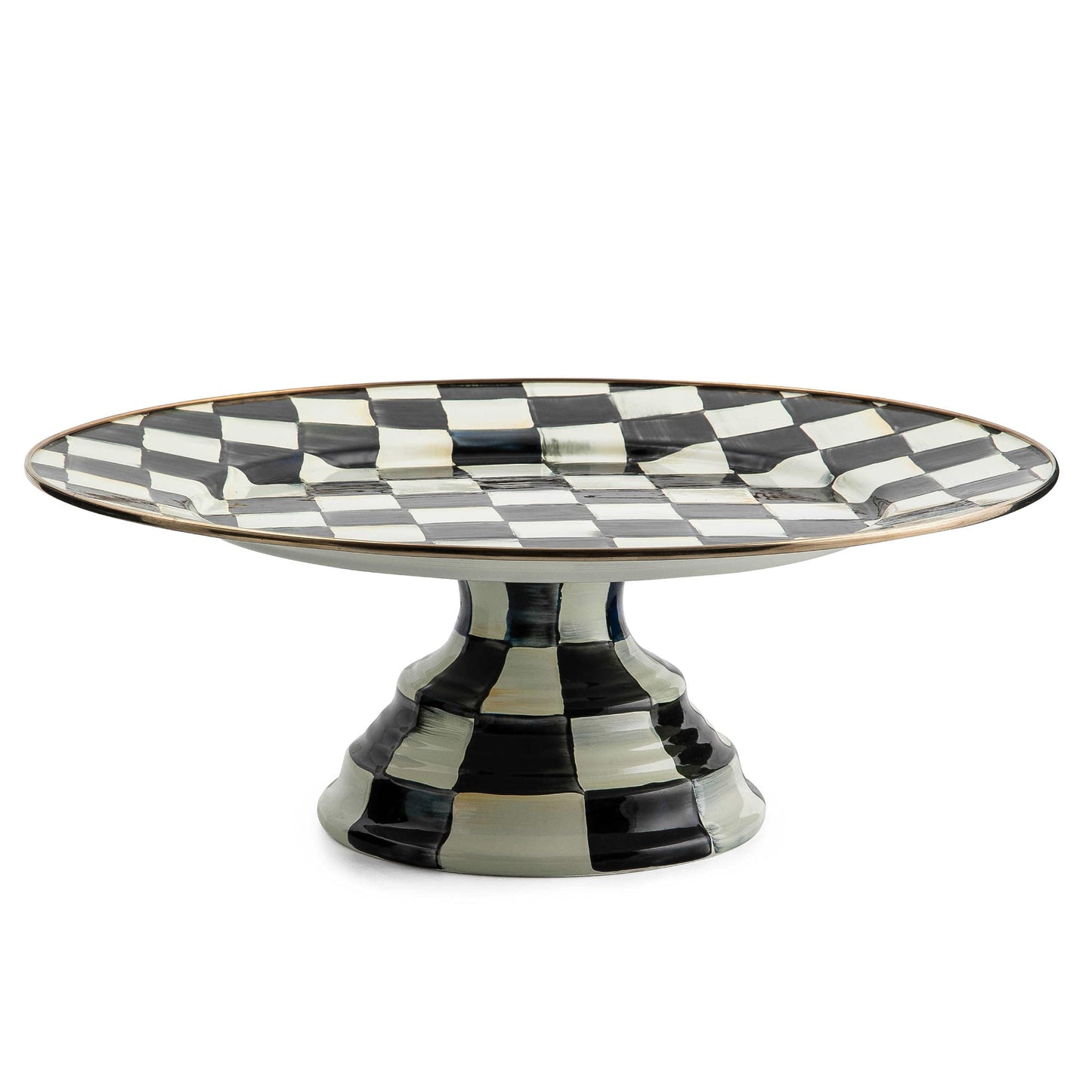 MACKENZIE-CHILDS Enamel Pedestal Platter, Round Cake Stand, Large, Black-and-White Courtly Check