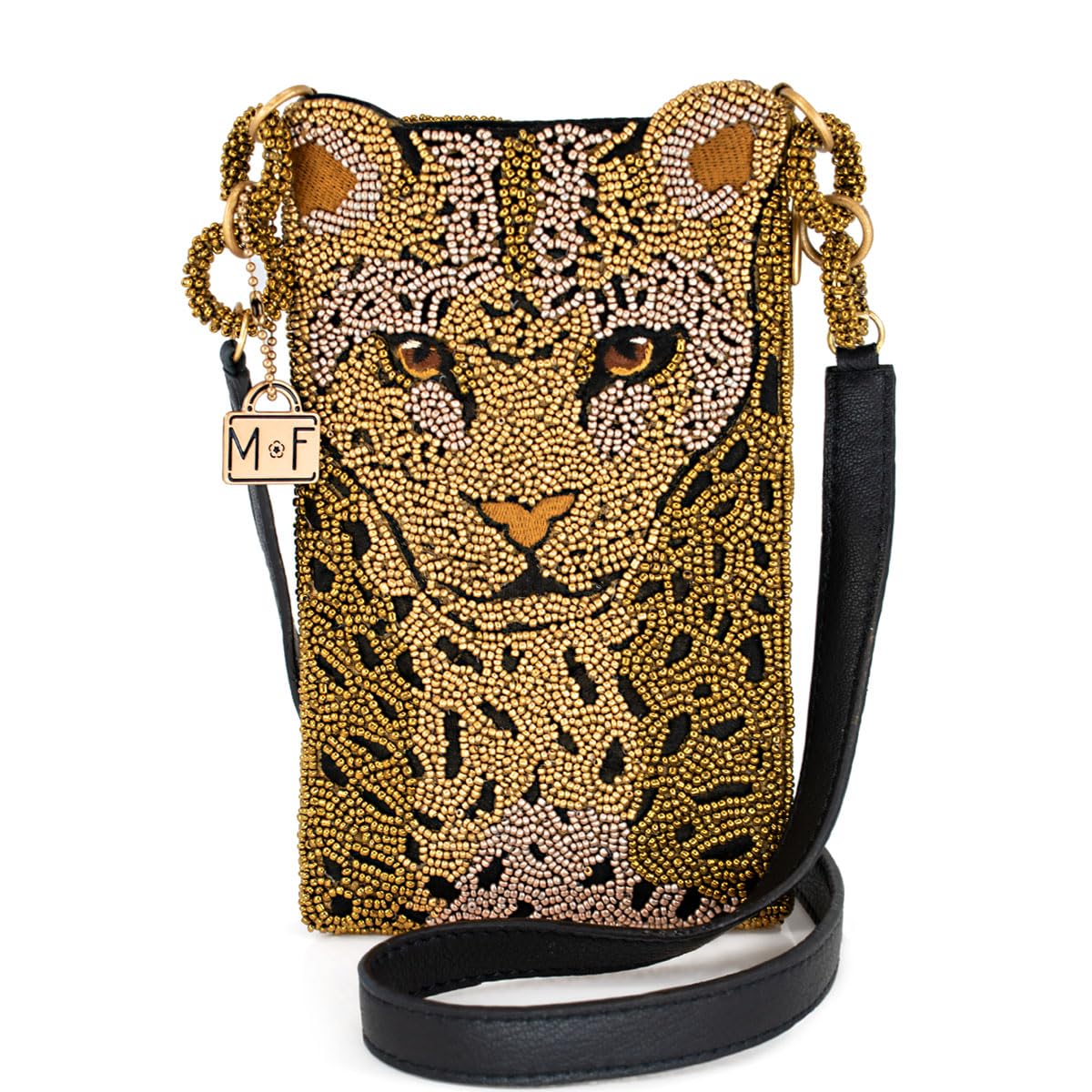 Mary Frances Gone Wild Beaded Leopard Crossbody Cell Phone Bag Clutch with Zipper Pocket and Leather Strap, Multicolor