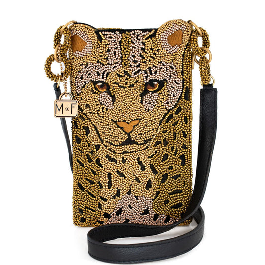 Mary Frances Gone Wild Beaded Leopard Crossbody Cell Phone Bag Clutch with Zipper Pocket and Leather Strap, Multicolor