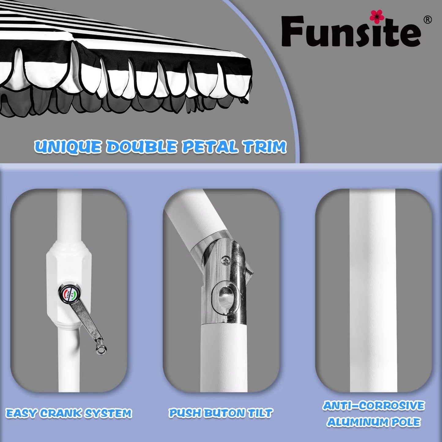 Funsite 9Ft Elegant Valance Patio Umbrella, Outdoor Umbrellas for Patio with Auto-Tilt and Crank Systerm, Table Umbrella for Outdoors, Poolside,Beach, Backyard, Black White Stripe