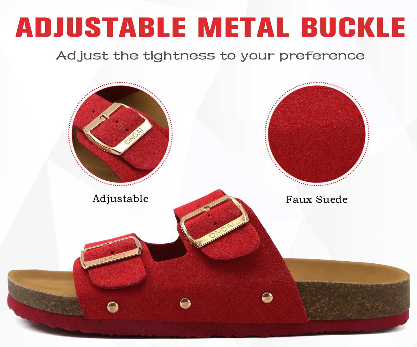 ONCAI Womens Comfortable Sandals Knock Off Clogs Sandals Women Dressy Summer Flat with Arch Support Two Strap Slip On Adjustable Buckle Slides Shoes for Women Red Size 7