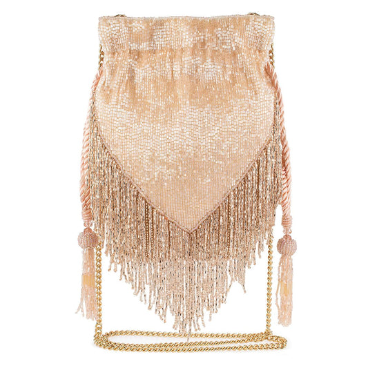 Mary Frances Boho Chic Beaded Drawstring Handbag with Fringe and Tassel Champagne Statement Evening Purse with Removable Strap, Pink