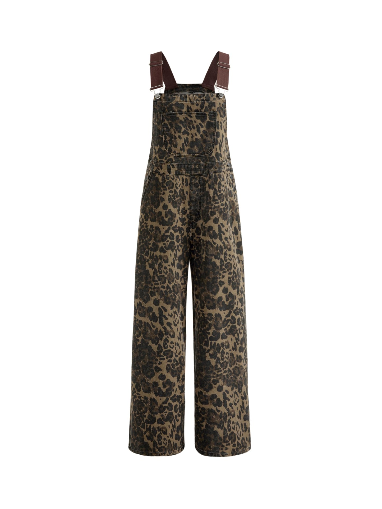 CIDER Overalls for Women Denim Leopard Pocket Buckle Up Wide Leg Jumpsuit: Tan, M