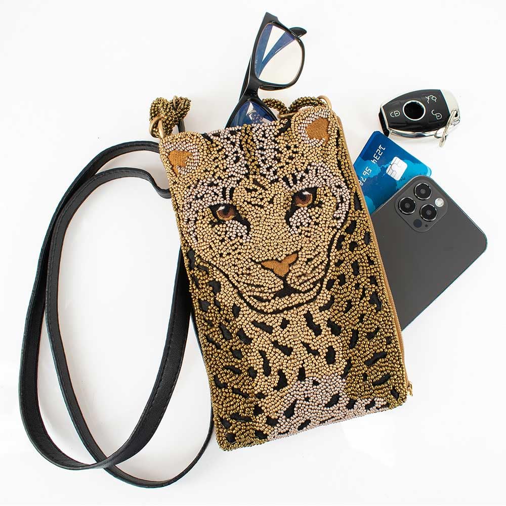 Mary Frances Gone Wild Beaded Leopard Crossbody Cell Phone Bag Clutch with Zipper Pocket and Leather Strap, Multicolor