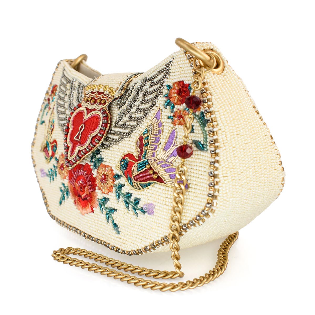 Mary Frances Keepsake Beaded Crossbody Handbag Clutch Heart & Bird-Themed Evening Purse, Multicolor