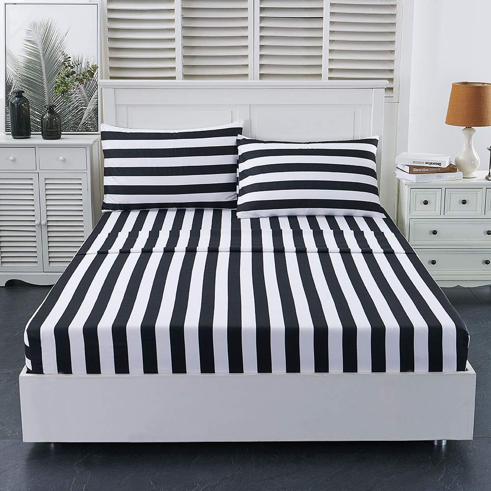 Best Season Queen Size Stripe Sheet Set-4 Piece Super Soft Microfiber Bedding-Deep Pocket, Stain, Fade & Wrinkle Resistant(Black&White)