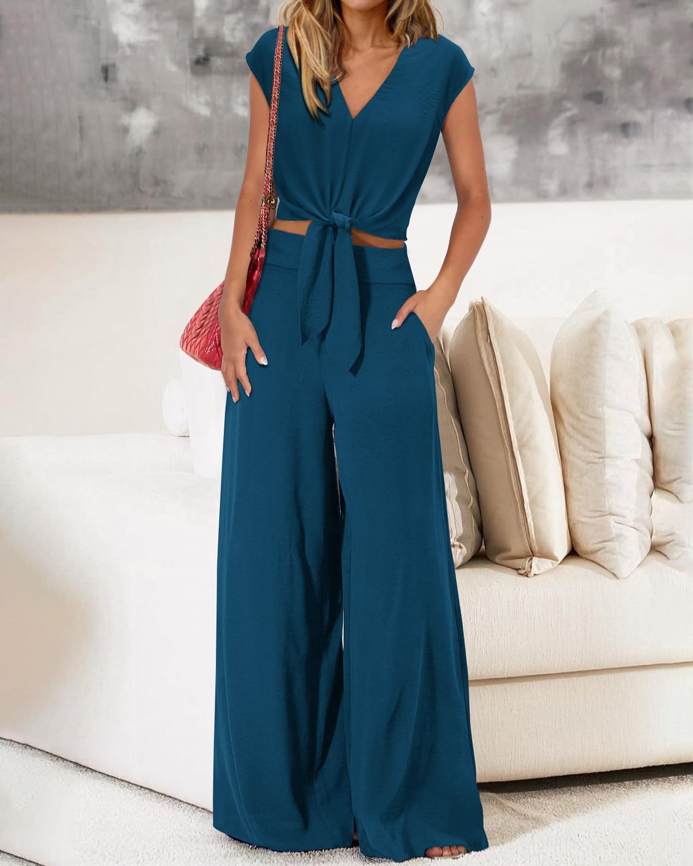 PRETTYGARDEN Two Piece Outfits For Women 2025 V Neck Cap Sleeve Strappy Crop Tops Loose Fit Wide Leg Pants Sets(Solid Teal,Medium)