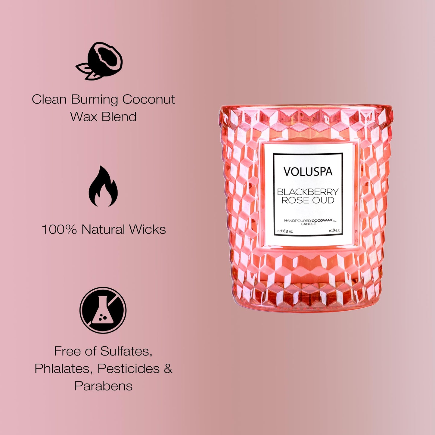 Voluspa BlackBerry Rose Oud, Classic Candle Jar, 6.5 oz, 40 Hour Burn Time, Coconut Wax for Clean Burning, Handcrafted in The USA