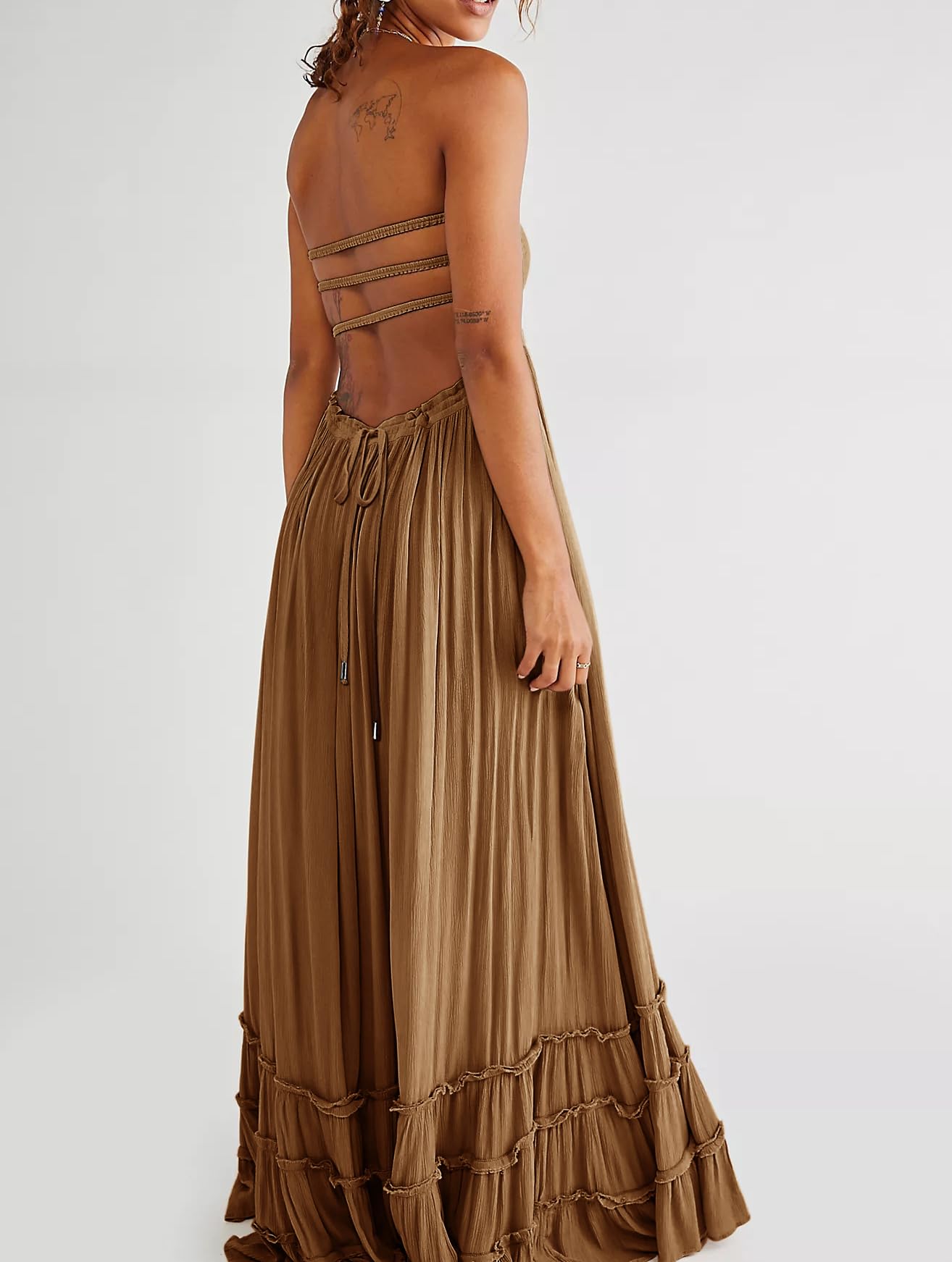 R.Vivimos Womens Summer Boho Sexy Backless Long Dresses (Medium, Brown)