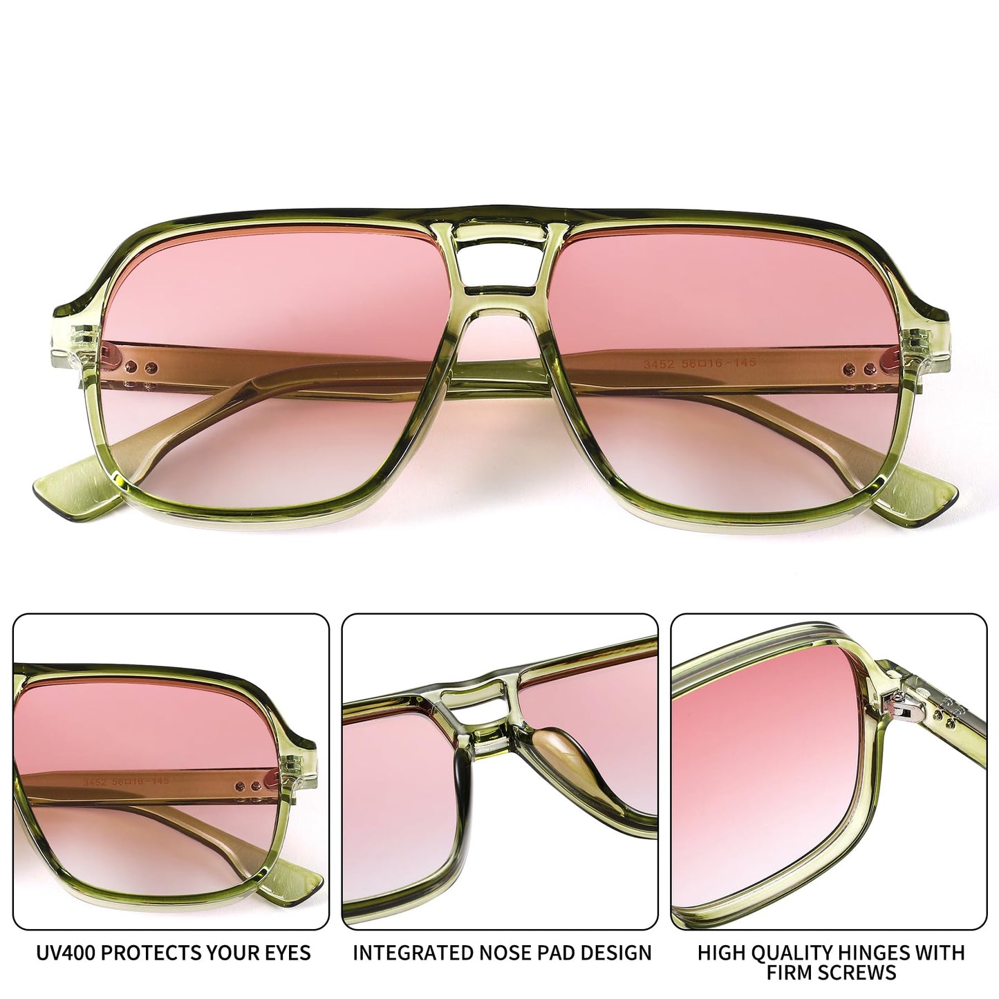 GLARDEFE Oversized Aviator Sunglasses for Women Men - Retro 70s Square Shades Sun Glasses(Green/Gradient Orange Lens)