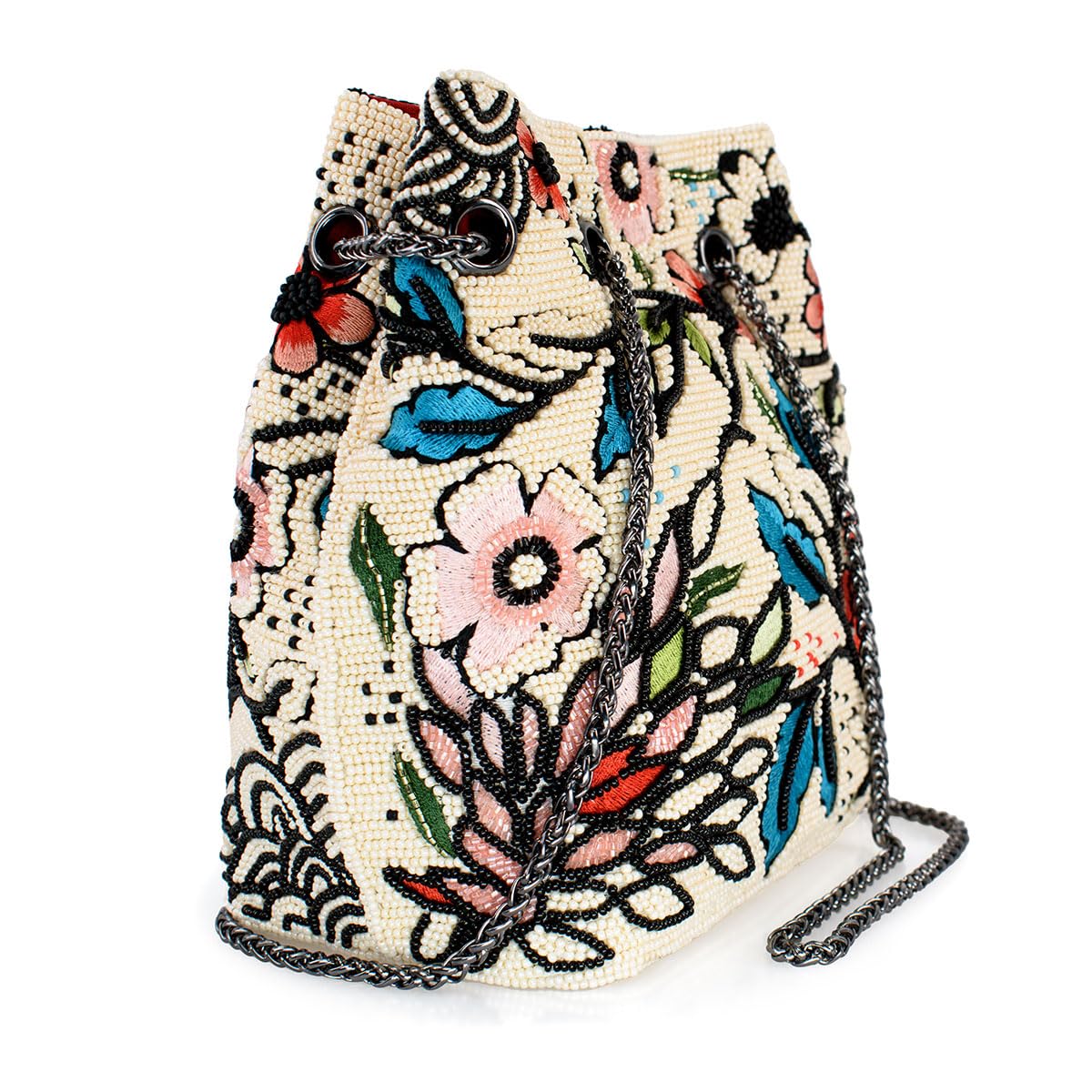 Mary Frances Flower Child Beaded Crossbody Bag Floral Embroidered Vegan Purse with Magnet Closure, Convertible Shoulder Strap, Multicolor