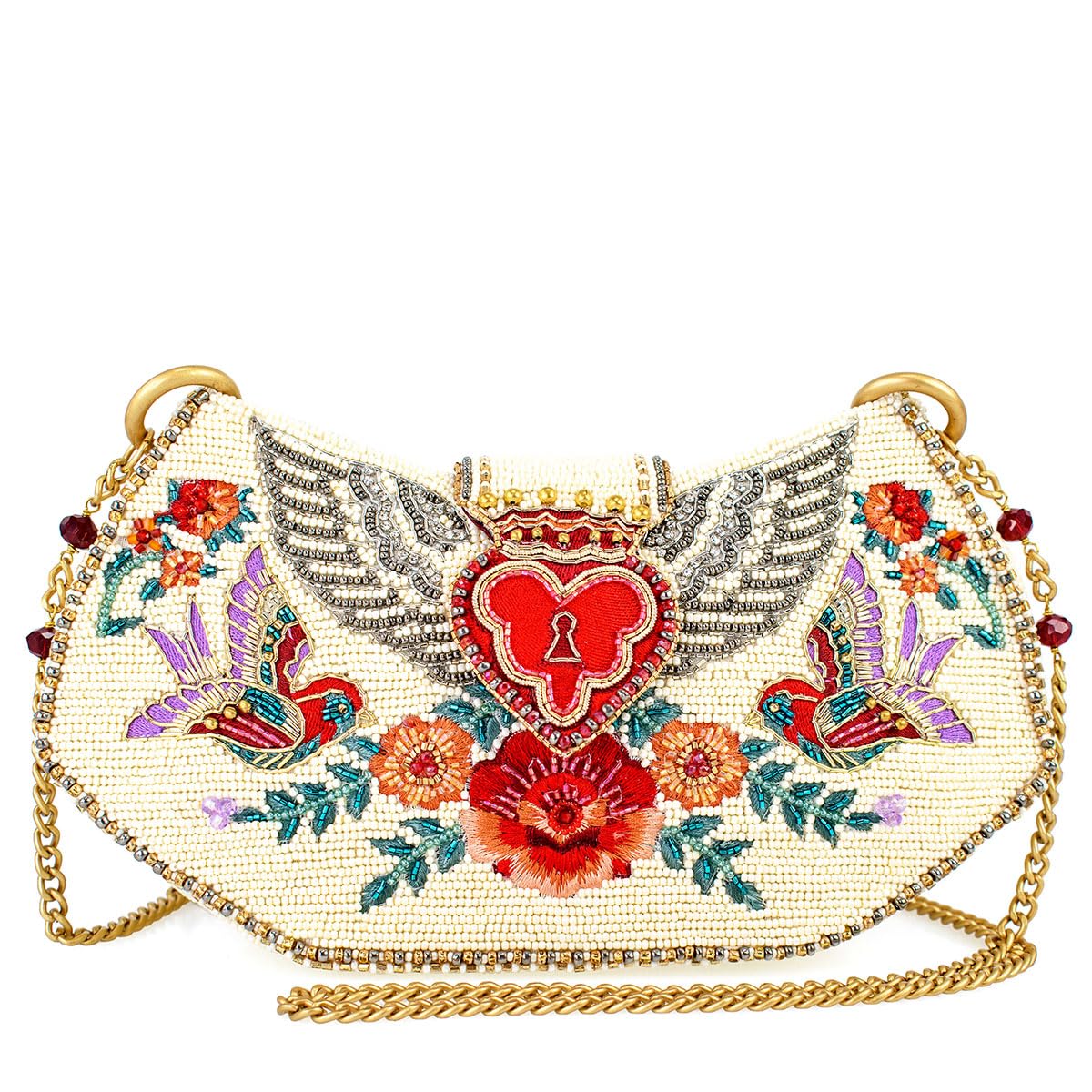 Mary Frances Keepsake Beaded Crossbody Handbag Clutch Heart & Bird-Themed Evening Purse, Multicolor