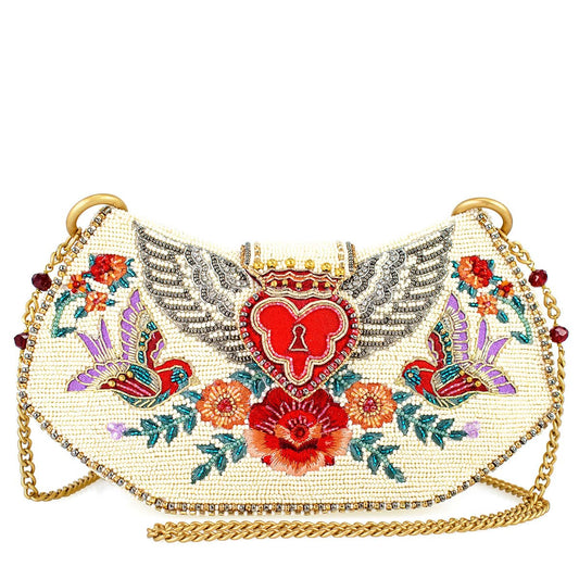 Mary Frances Keepsake Beaded Crossbody Handbag Clutch Heart & Bird-Themed Evening Purse, Multicolor