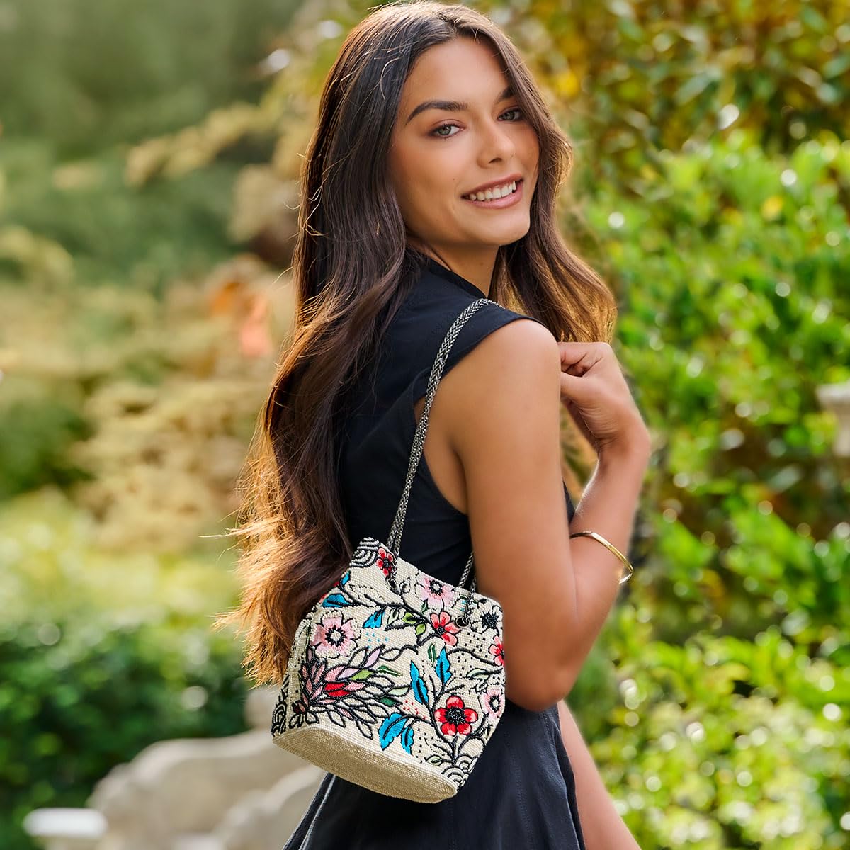 Mary Frances Flower Child Beaded Crossbody Bag Floral Embroidered Vegan Purse with Magnet Closure, Convertible Shoulder Strap, Multicolor