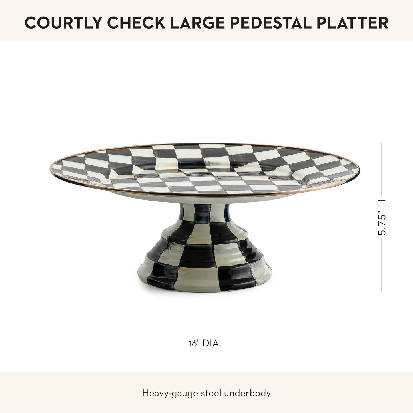 MACKENZIE-CHILDS Enamel Pedestal Platter, Round Cake Stand, Large, Black-and-White Courtly Check