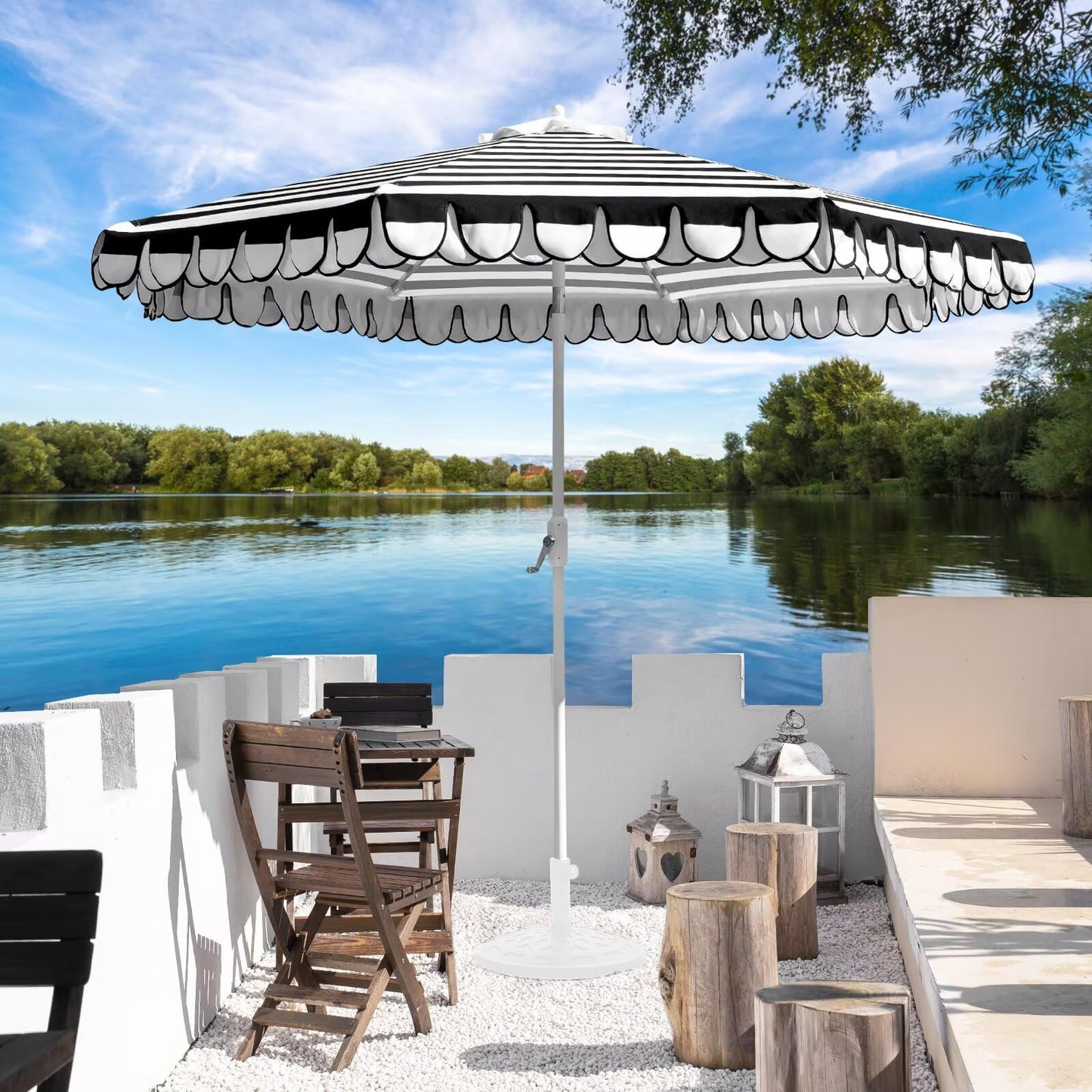 Funsite 9Ft Elegant Valance Patio Umbrella, Outdoor Umbrellas for Patio with Auto-Tilt and Crank Systerm, Table Umbrella for Outdoors, Poolside,Beach, Backyard, Black White Stripe