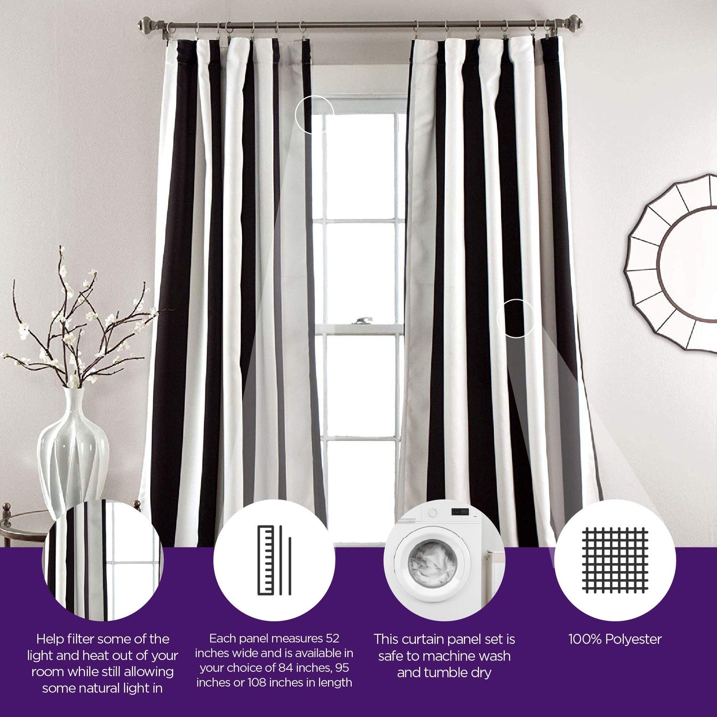 Lush Decor Wilbur Light Filtering Striped Window Curtains Set, 84 in L Panel Pair, Black, C32978P15-000