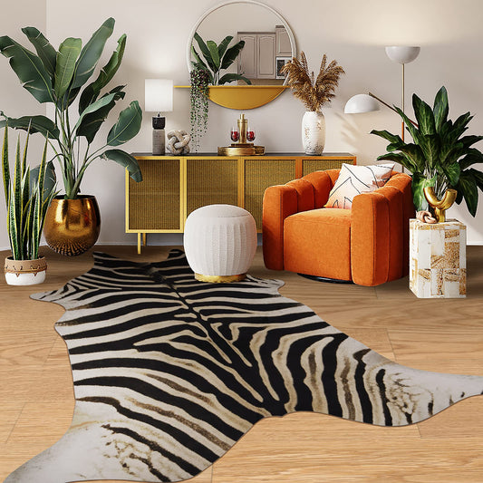 Guyi Rare Zebra Rug 4.6x5.2 ft Premium Cowhide Rugs for Bedroom Living Room Dining Room Brown Animal Rugs Non Slip Area Rugs