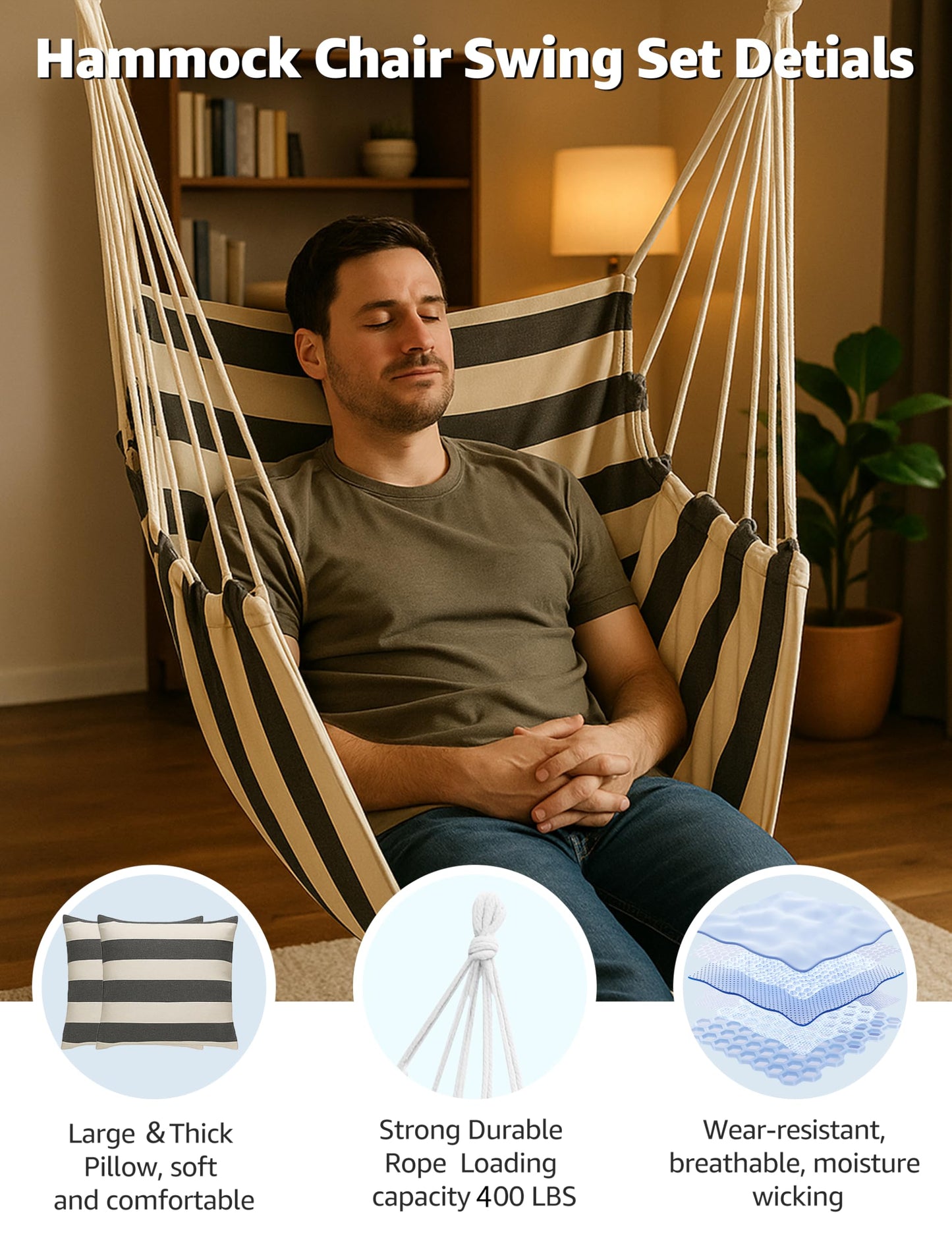 ALLIVING Hammock Chair Swing 2 Cushions Included - Hanging Rope Swing Max 400 Lbs Sturdy Soft Cotton Indoor for Bedroom Swing Chair Outdoor Patio Bedroom Porch Deck Black White