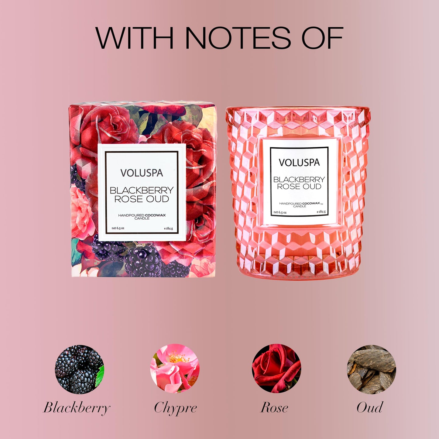 Voluspa BlackBerry Rose Oud, Classic Candle Jar, 6.5 oz, 40 Hour Burn Time, Coconut Wax for Clean Burning, Handcrafted in The USA