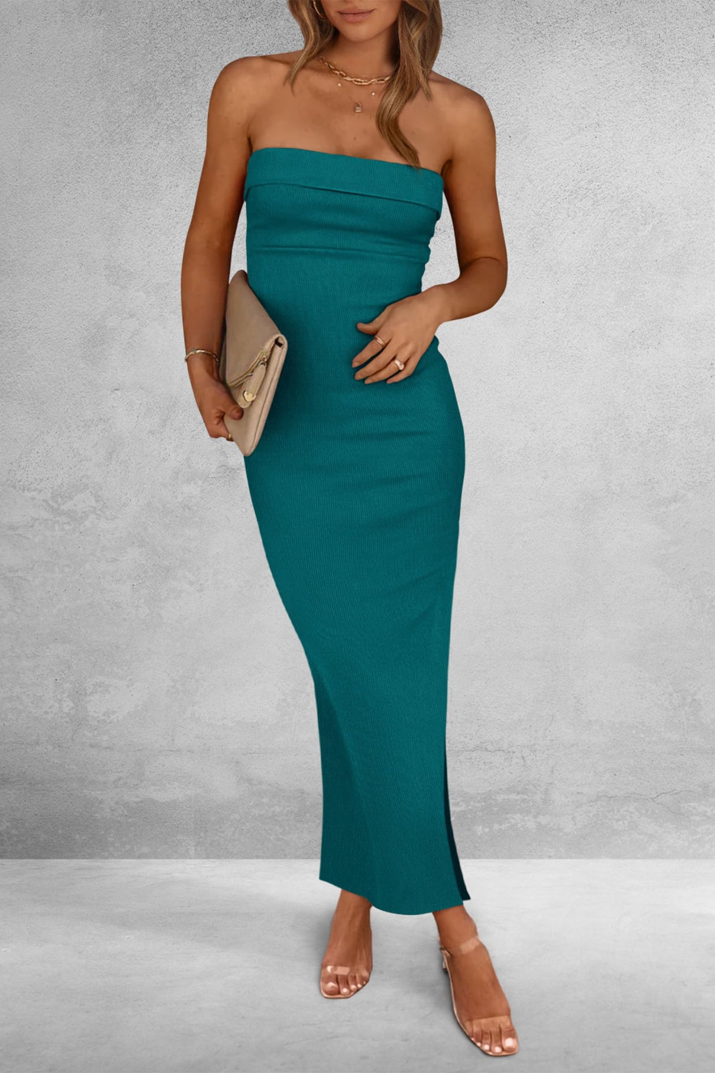 PRETTYGARDEN Women's Summer Bodycon Maxi Tube Dress Ribbed Strapless Side Slit Long Going Out Casual Elegant Party Dresses (Blue Green,Medium)