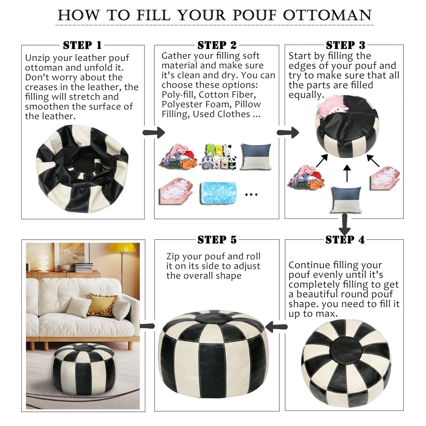 Thgonwid Unstuffed Moroccan Ottoman Pouf Cover, Ottoman Footstool Storage Solution, Bean Bag Chair, Foot Rest, Multi-Black&White