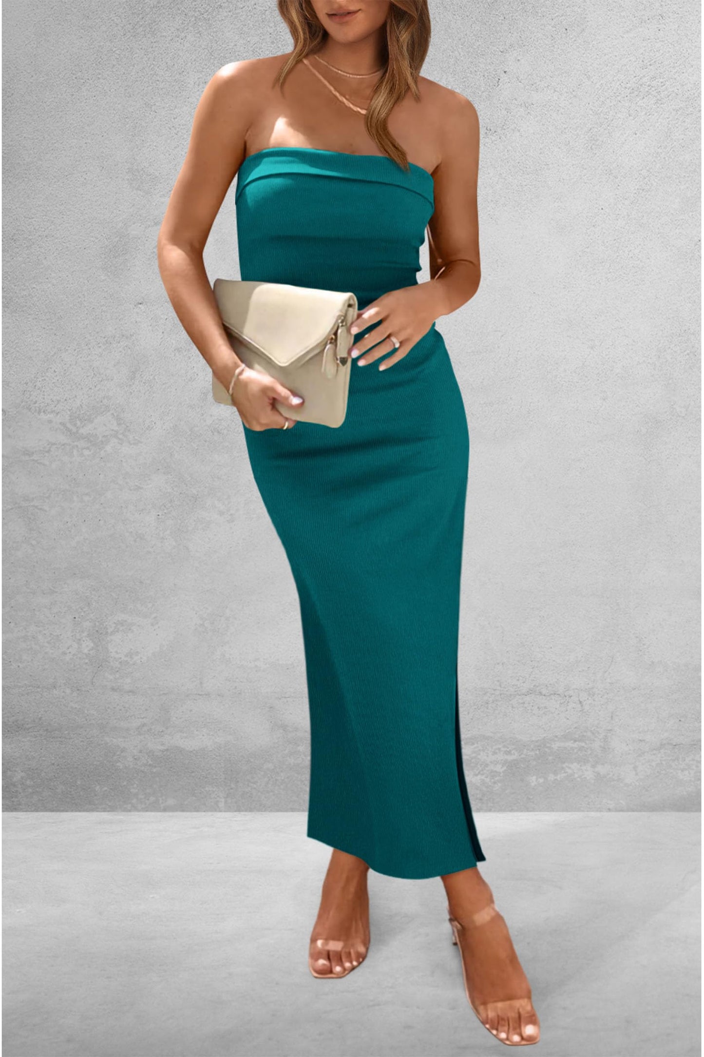 PRETTYGARDEN Women's Summer Bodycon Maxi Tube Dress Ribbed Strapless Side Slit Long Going Out Casual Elegant Party Dresses (Blue Green,Medium)