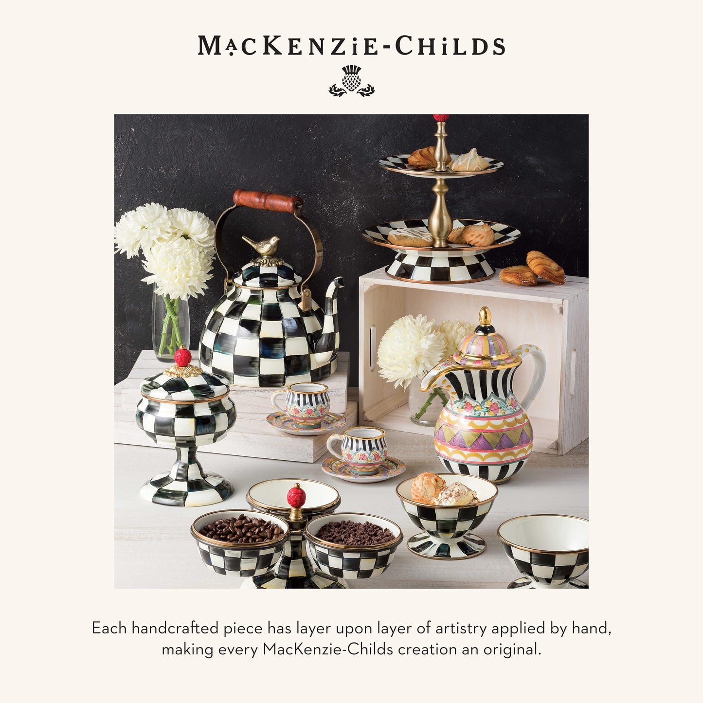 MACKENZIE-CHILDS Enamel Compote, Cute Enamel Pedestal Serving Dish or Decorative Bowl, Large, Black-and-White Courtly Check