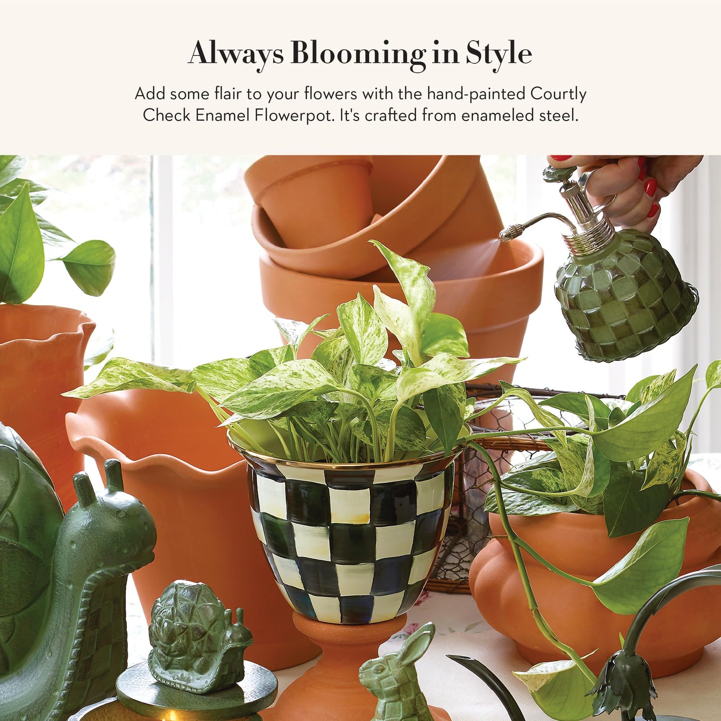 MACKENZIE-CHILDS Flowerpot, Decorative Garden Pot for Growing Plants, Black-and-White Courtly Check
